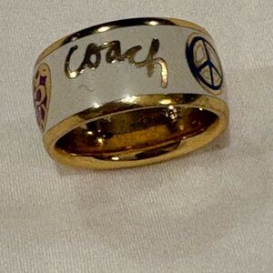 Coach Gold and White Peace Sign Ring